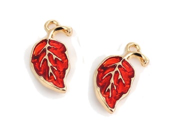 Bulk Autumn Leaf Charms - Gold Plated Red Enamel Leaf Charms - Red Leaf Charms - Leaf Pendants - Fall Leaf Charms (SP0102464)