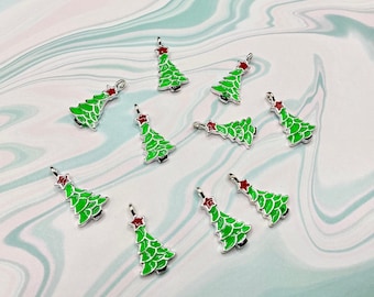 Small Christmas Tree Charms, Silver Plated and Enamel Charms, Holiday Charms, 20x11mm, (SP44196)
