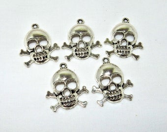 5pc Pkgs Skull and Cross Bones Charms - Silver Pirate Pendants - Halloween Charms - Pirate Skull Pendants - Bulk Skull Charms (SP00573)