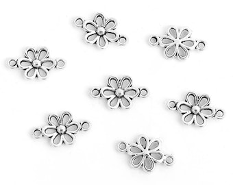 20 or 40pc Small Silver Flower Connectors, Floral Charms, Jewelry Findings, 15x9mm, (SP0095691)