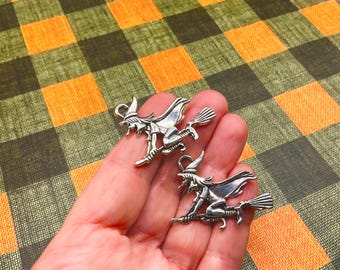 Silver Witch Charms, Metal Halloween Charms, Witch on Broomstick Pendants, 37x28mm, (SPQ05006P)