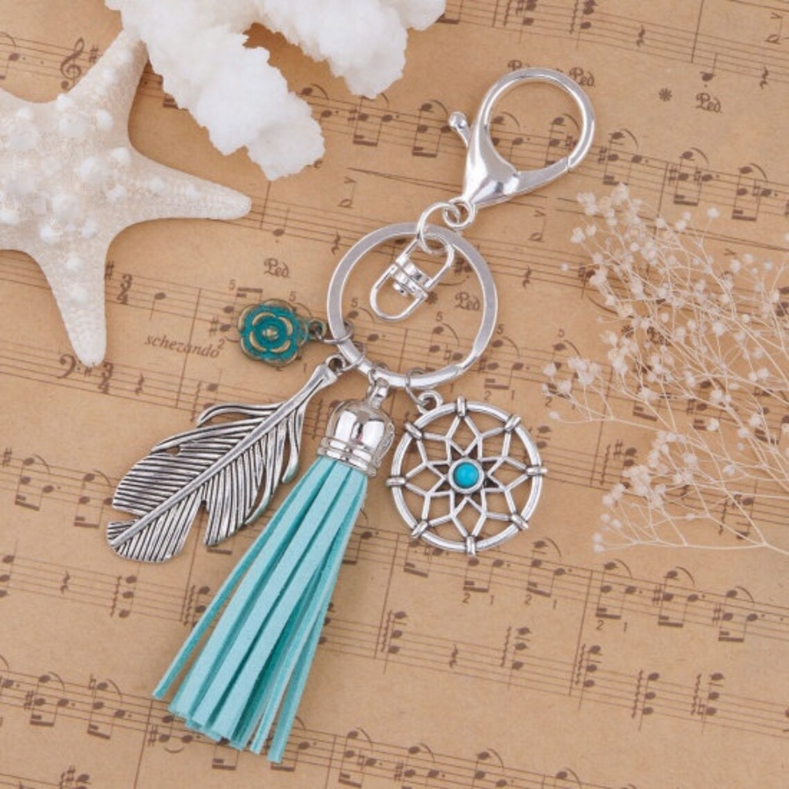 Keychain and Key Ring With Silver Plated Dreamcatcher Flower Etsy