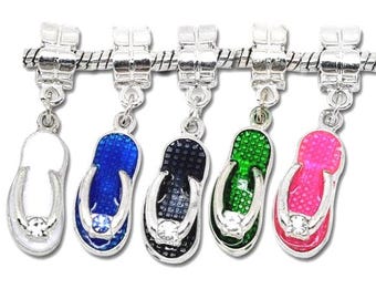 Enamel Flip-Flop Sandal Charm With Attached Large Hole Bead, DIY Jewelry Making, 37x9mm, (SP09654)