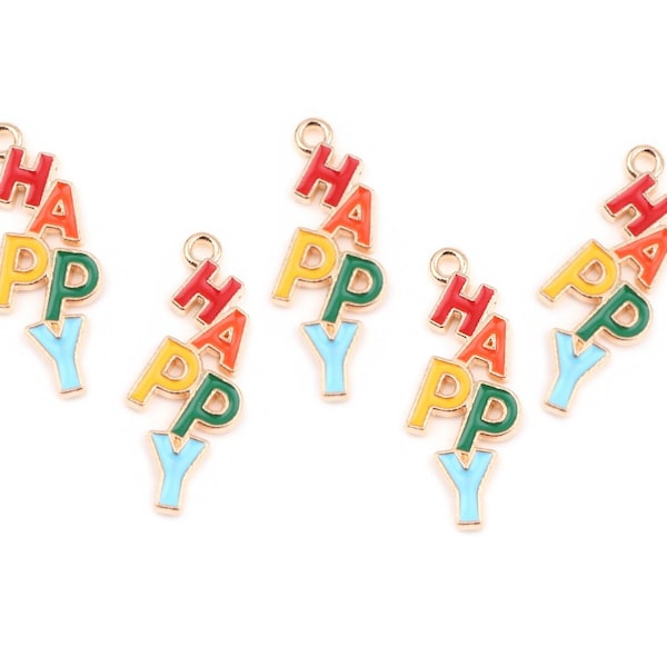 HAPPY Charms, Gold and Multicolored Enamel Charms, Bulk Message Charms, Inspirational Charms, Bulk Charms, 29x11mm (SP0255512)