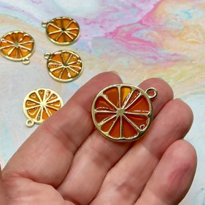 Orange Charms, Gold Plated with Translucent Enamel, Tropical Citrus Fruit Charms, 27x24mm, (SP0200681)
