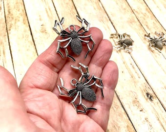 Large Silver Spider Charm Pendants, Metal Halloween Jewelry Findings, 35x31mm, (SP73463)