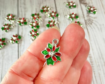Christmas Poinsettia Charms, Silver Plated, Enamel, Christmas Flower Charms, Holiday Pendants, 18x14mm (SP27863)