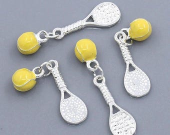 Silver Tennis Raquet with Attached Tennis Ball Charms, Tennis Sports Fitness Charms, 25x19mm, (SP25431)