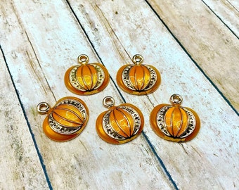 Gold Pumpkin Charms - Bulk Pumpkin Charms - Gold Plated Orange Enamel Charms - Orange Pumpkin Charms - Halloween Pumpkin Charms (SP0082906)
