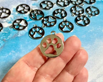 Silver Pet Lover Charms, Metal Dog Paw, Animal Design, Pet Memorial Findings, 23x20mm, (SP0100879)