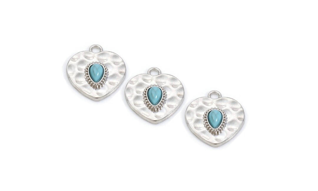 5pc Pkgs Boho Chic Charms, Silver & Blue Heart Pendants Bulk Heart