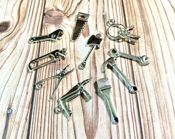 10pc Set, Silver Tool Charms, Metal Carpenter Skilled Trades Charm Set (SP0132884)