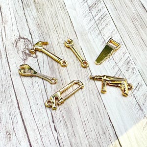 6 pc Mixed Gold Tool Set Charms - 3D Carpenter Tool Charms - Handyman Charms - Builder Charms - Skilled Trade Charms (SPS941800)