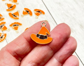 Witch Hat Charms, Gold, Orange, Black Enamel Halloween Charms, Witch Charms, 17x17mm, (SP858380)
