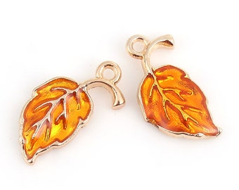 Bulk Autumn Leaf Charms - Gold Plated Metal with Orange Enamel Leaf Charms - Orange Leaf Charms - Bulk Leaves - Fall Charms (SP0102866)