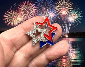 Patriotic Star Charm Pendants, 4th of July, Independence Day Jewelry Findings, 32x27mm, (SP888416)