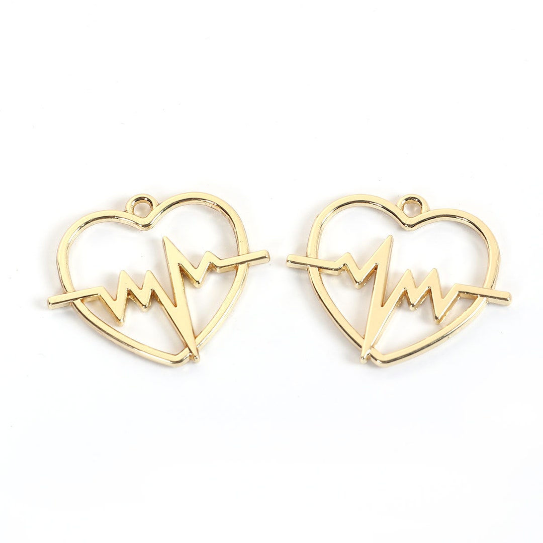 5pc Pkgs Heart Charms With Heart Beat Bulk Heart Pendants Gold Heart