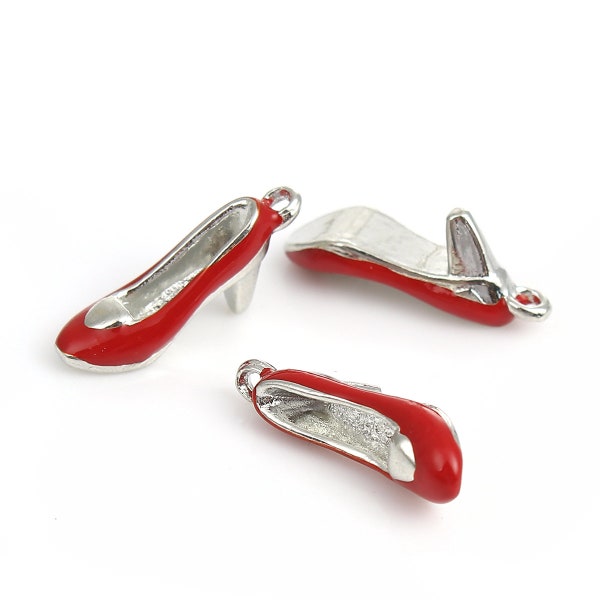 10pc Pkgs Ruby Red High Heeled Shoe Charms - Silver Toned Red Enamel - Bulk Shoe Charms - High Heeled Charms - Enamel Charms (SP0110318)