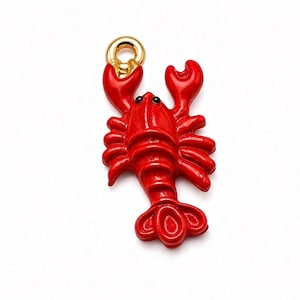 Red Lobster Charms with Gold Loop, Metal, Enamel, Seafood Jewelry Findings, 21x10mm, (SP941824)