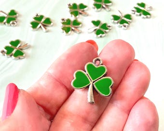 Silver and Green Enamel Shamrock Charms, Lucky Irish Clover Charms, 20x17mm, (SPN03811)