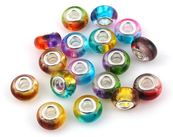 10pc Pkg Large Hole Beads, Random Mixed Colors, Silver Plated Core, European Style, 14mm dia. (SP0117386)