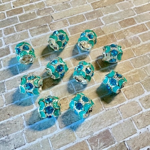 5pc Pkg Large Hole Beads - Silver Plated, Blue Enamel Rhinestone Beads - European Style - Bulk Spacer Beads - Bracelet Beads (SP12391B)