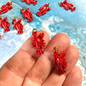 Red Lobster Charms with Gold Loop, Metal, Enamel, Seafood Jewelry Findings, 21x10mm, (SP941824)