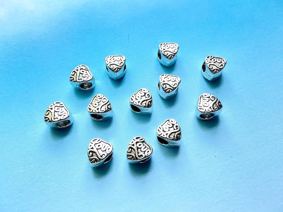 Silver Heart Charm Beads - Large Hole Beads - Metal European Beads - Bulk Love Beads - Bulk Clearance Beads - Bulk Heart Beads (SP12444)