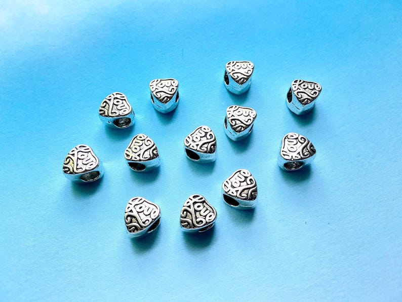Silver Heart Charm Beads - Large Hole Beads - Metal European Beads - Bulk Love Beads - Bulk Clearance Beads - Bulk Heart Beads (SP12444) image 1