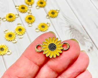 Small Gold, Yellow, Black Enamel Flower Connector Charms, Daisy, Sunflower Findings, 22x11mm,  (SP0256259)