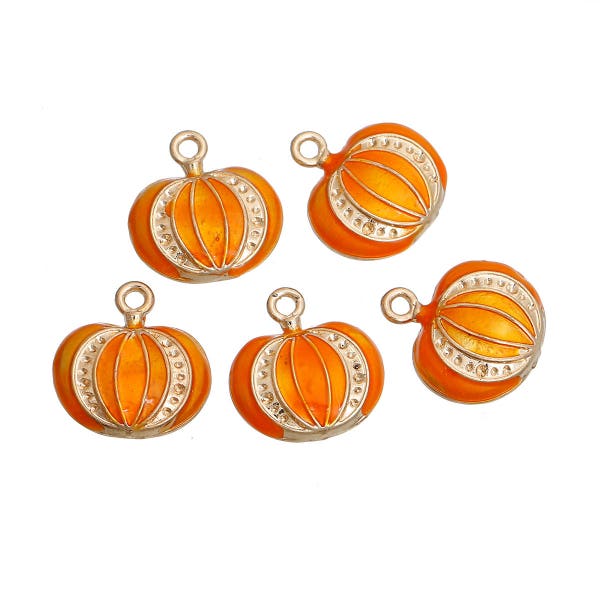 5pc or 10pc Pkgs Halloween Pumpkin Charms - Bulk Pumpkin Charms - Gold Plated Orange Enamel Charms - Orange Pumpkin Charms (SP0082906)