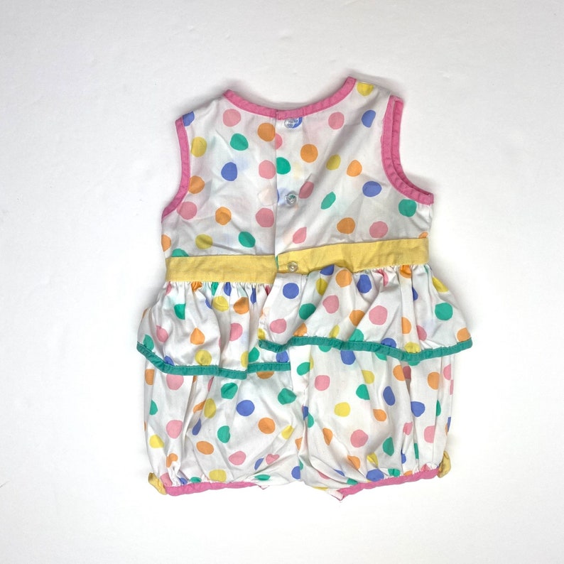 Vintage 80s Watercolor Rainbow Dots Romper 6 Months Baby Girls Ruffle Sunsuit image 4