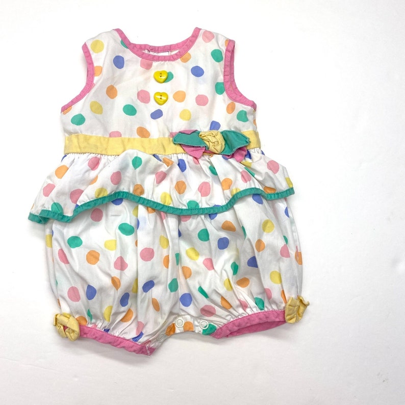 Vintage 80s Watercolor Rainbow Dots Romper 6 Months Baby Girls Ruffle Sunsuit image 1
