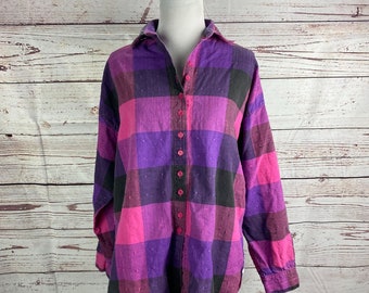 Vintage 90s Grunge Plaid Boxy Shirt  OS Pink Purple Button Up Collared Hi-Lo