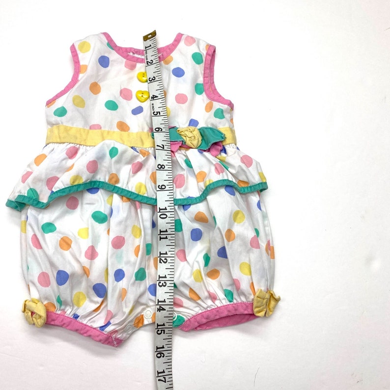 Vintage 80s Watercolor Rainbow Dots Romper 6 Months Baby Girls Ruffle Sunsuit image 5