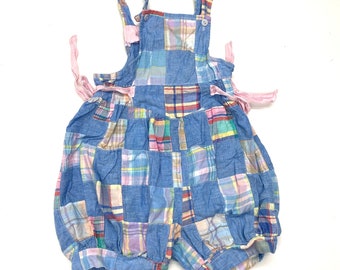 Vintage 80s My Michelle Patchwork Plaid Chambray Bubble Romper Sz 8 Girls Blue