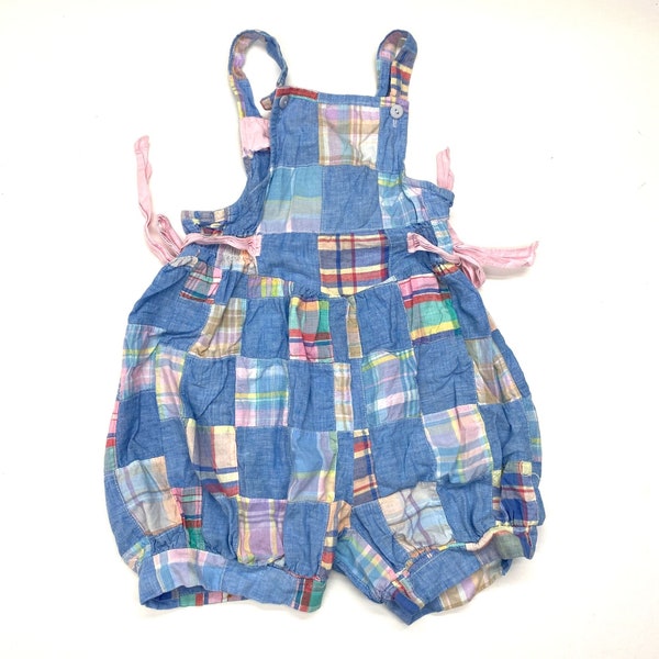 Vintage 80s My Michelle Patchwork Plaid Chambray Bubble Romper Sz 8 Girls Blue