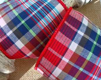 10 YARD ROLL - 4 Inch - Premium Hamptons Americana Madras Plaid in Red-Dark Blue-Cyan-Preppy Green-White-Summer Wreath-Fourth of July-Sale