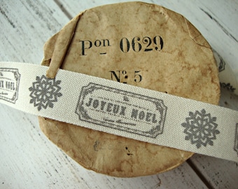 25 METER ROLL - Premium Designer Bertie's Bows Tilly's Ribbon Ivory Cotton Twill with Faded Gray "Joyeux Noel" Script Ribbon and Snowflakes