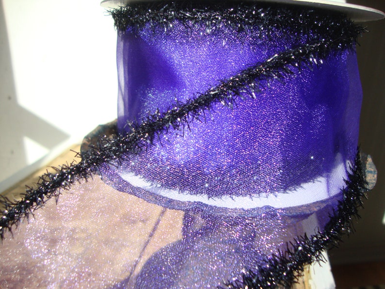 10 YARD ROLL FARASILK Premium Designer Luxury Sheer Purple Wired Ribbon with Black Sparkle Edges-Halloween-Wreath-Bows-Ribbon Sale 2024 image 3