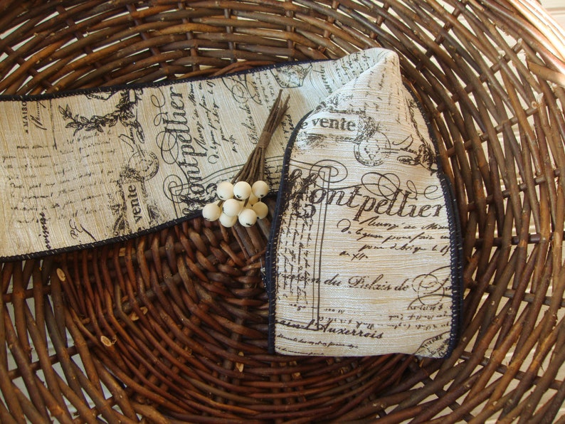 Natural-Beige Textured Stripe Wired Ribbon with Black French Script 4 Inch
