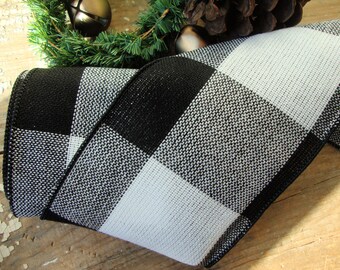 10 YARD ROLL - 4 Inch -FARASILK Premium Designer Woolen Pioneer Check Wired Ribbon in Black and White