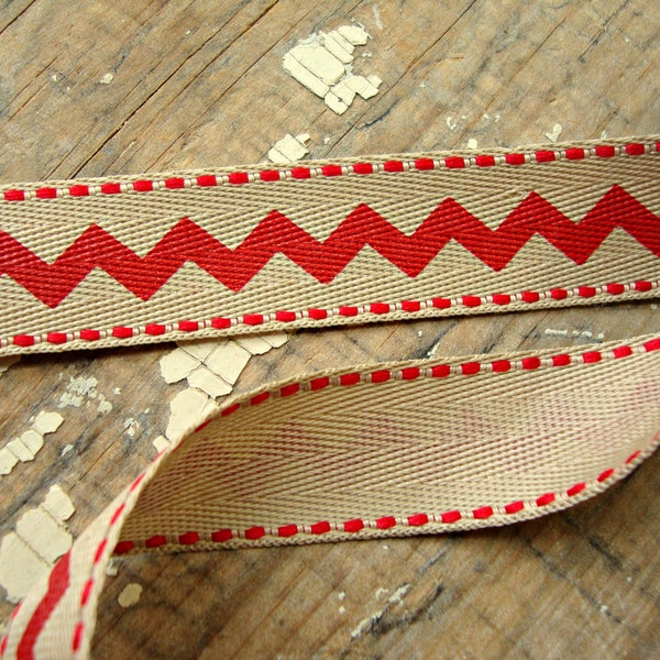 Beige Natural Twill Canvas Ribbon Trim with Red Chevron Zig-Zag Stripe and Saddle Stitch Edges