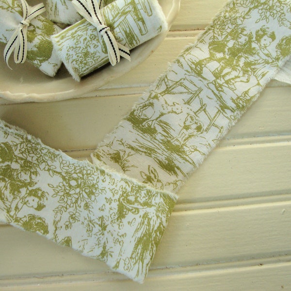1 1/4 Yard - Vintage French Farmhouse Moss Green and White Toile Hand-Frayed Ribbon Trim