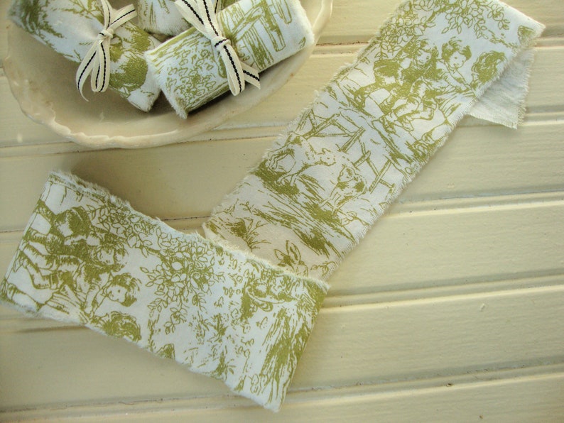 1 14 Yard Vintage French Farmhouse Moss Green and White Toile Hand-Frayed Ribbon Trim