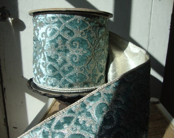 10 YARD ROLL - 4 inch Premium Luxury D. Stevens Soft Teal-Celadon Velvet Reversible Wired Ribbon with Platinum Glitter Filigree Pattern