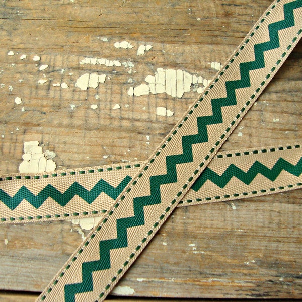 Beige Natural Twill Canvas Ribbon Trim with Forest Green Chevron Zig-Zag Stripe and Saddle Stitch Edges
