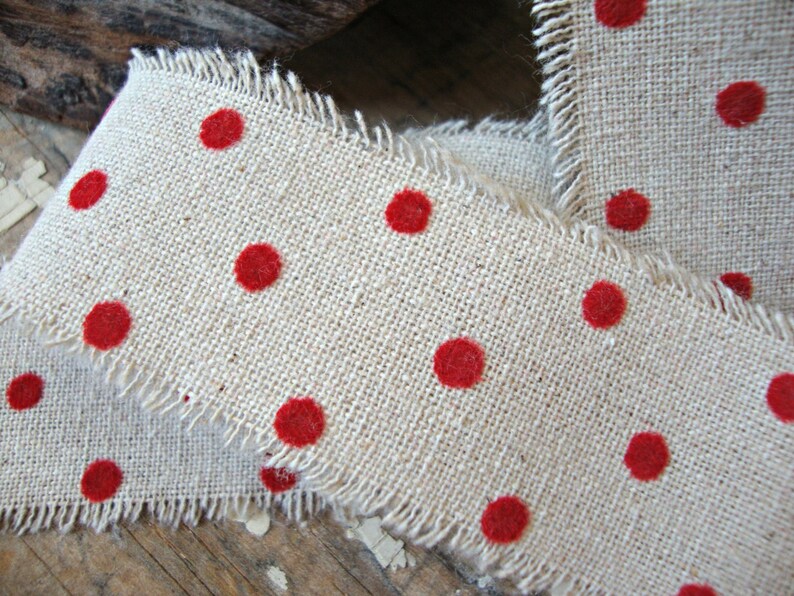 Cotton Linen Natural Ribbon with Soft Red Velvet Dots
