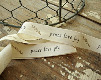 30 YARD ROLL - Premium May Arts Natural Ivory Cotton Canvas "Peace~Love~Joy" Printed Christmas Holiday Ribbon-Gift Wrap-Minimalist-SALE 2024