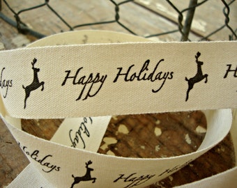 30 YARD ROLL - Premium May Arts Ivory Cotton Christmas Ribbon with Vintage Black "Happy Holidays" Script and Santa's Reindeer-Stag-SALE